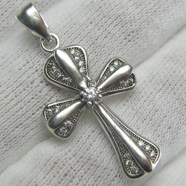 925 Sterling Silver Cross Pendant Necklace CZ Stones Gems Stylized Lovely Vintage Christian Church Fine & Faith Jewelry CR000781
