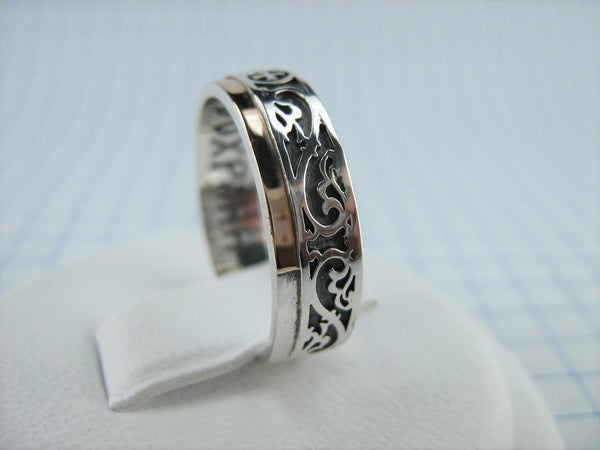 925 Sterling Silver and 375 gold band with prayer text inside the ring, decorated with Maltese cross and oxidized pattern. Item code RI001942. Picture 3