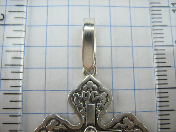 925 Sterling Silver Christian cross pendant and crucifix with Russian prayer inscription decorated with filigree and wood pattern on the oxidized background. Item number CR002049. Picture 7