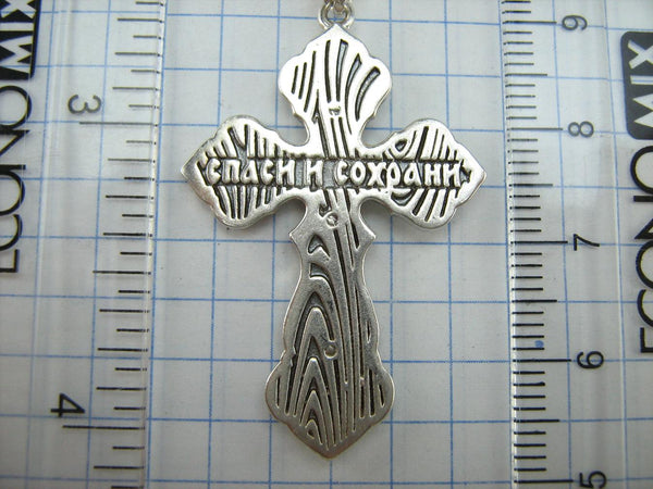 925 Sterling Silver Christian cross pendant and crucifix with Russian prayer inscription decorated with filigree and wood pattern on the oxidized background. Item number CR002049. Picture 11