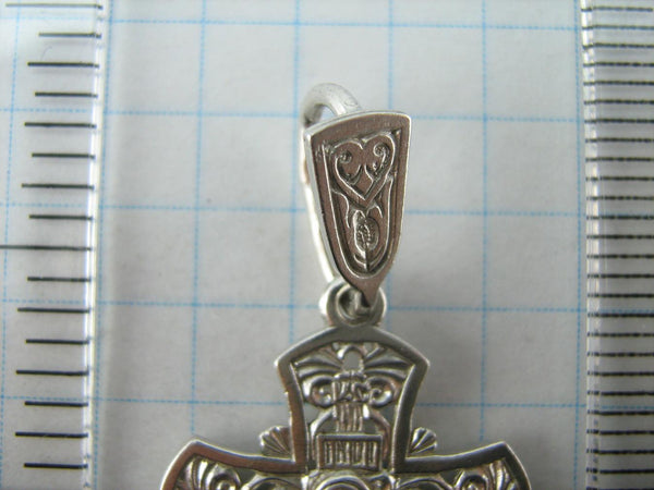 New and never worn solid 925 Sterling Silver detailed cross pendant and Jesus Christ crucifix with Christian prayer inscription to God decorated with plant, floral, filigree and openwork pattern.