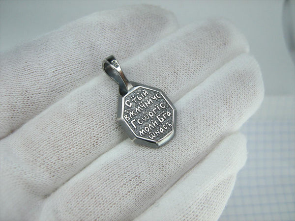 Solid 925 Sterling Silver oxidized icon pendant and medal with prayer scripture to Saint George Victorious depicting the battle with Dragon. Item number MD001907. Picture 3