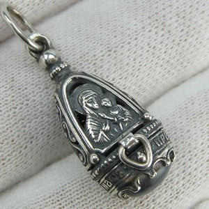 New solid 925 Sterling Silver oxidized icon pendant and locket depicting Mother of God Mary, Jesus Christ and the prayer inscription, decorated with grapevine Old Believers’ cross. Item code MD001729. Picture 1