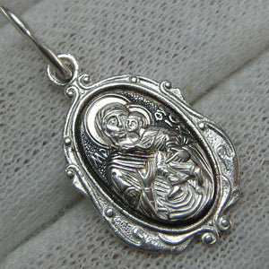 New solid 925 Sterling Silver detailed and oxidized pendant and medal in filigree frame depicting the icon of Mother Mary Tenderness, also called Eleousa, and Jesus Christ. Item number MD000712. Picture 1