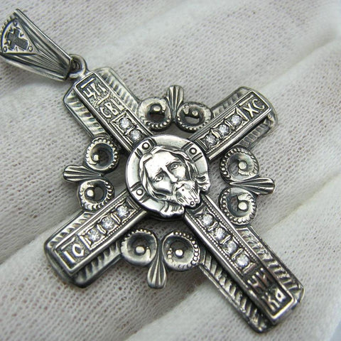 925 Sterling Silver oxidized cross pendant with Jesus Christ Vernical image not made by human hands decorated with filigree and openwork pattern. Item code CR000698. Picture 1