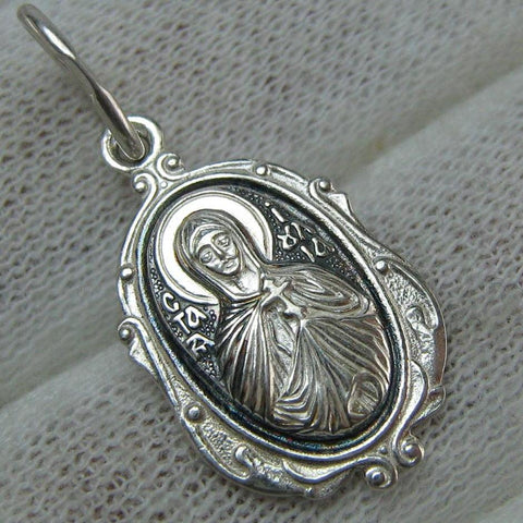 New and never worn solid 925 Sterling Silver small icon pendant and medal with Christian prayer inscription to Saint Martyr Julia holding old believers cross and decorated with filigree frame. Item number MD000730. Picture 1