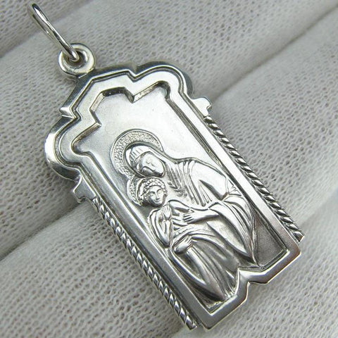 925 Sterling Silver icon pendant and medal in frame depicting Mother of God and Jesus Christ child. Item number MD001789. Picture 1