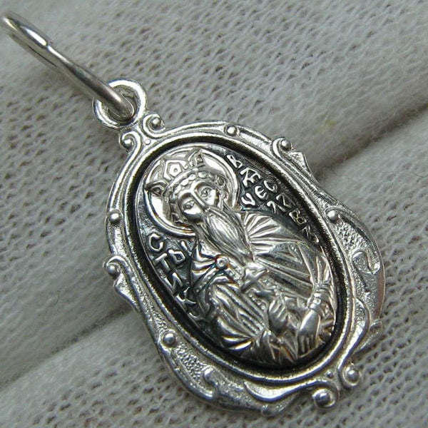 New 925 Sterling Silver small oval oxidized icon and medal with filigree frame Christian prayer to Saint Wenceslaus or Vyacheslav, Czech King of Bohemia. Picture 1