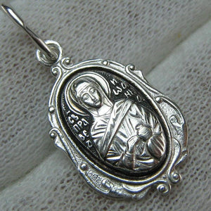 Solid 925 Sterling Silver small oval oxidized icon pendant and medal with prayer inscription to Saint Joanna Myrrhbearer decorated with filigree oval frame. Item number MD000697. Picture 1