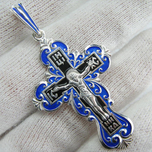 New solid 925 Sterling Silver trefoil cross pendant with blue and black inlay and Christian prayer inscription. Item code CR001068. Picture 1