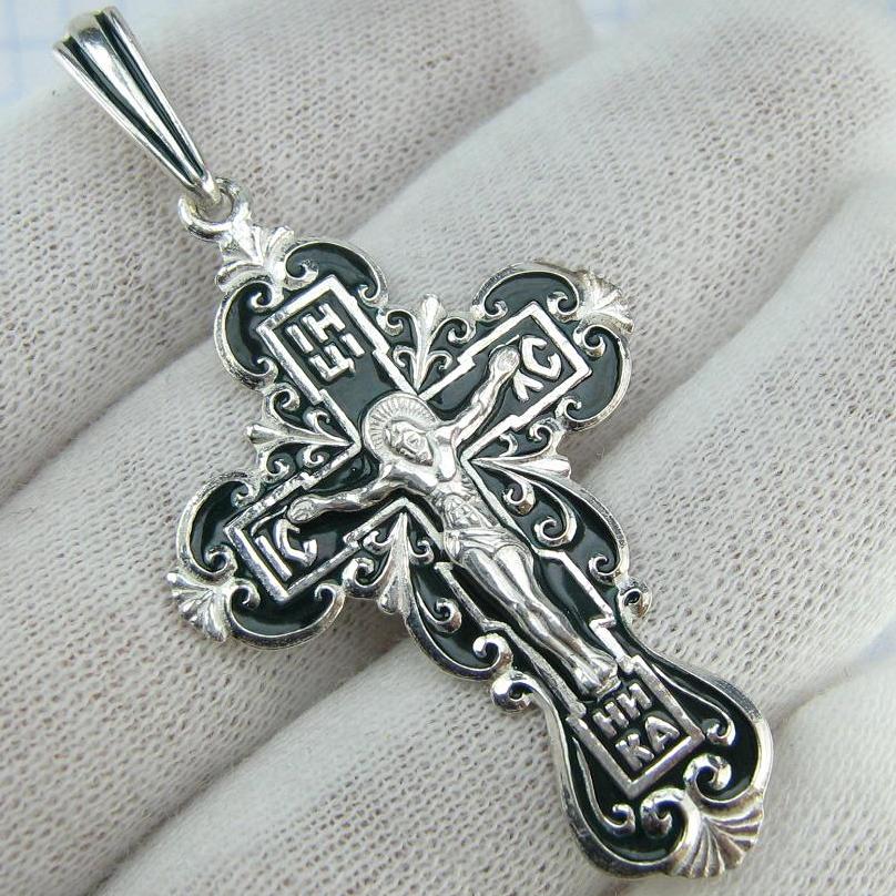 New solid 925 Sterling Silver trefoil cross pendant with dark green inlay and Christian prayer inscription. Item code CR001170. Picture 1