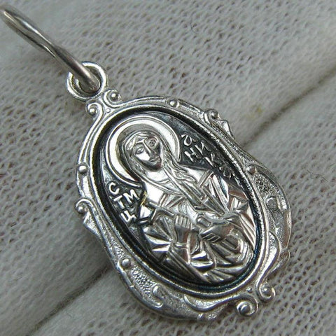 Solid 925 Sterling Silver small oval oxidized icon pendant and medal with prayer inscription to Saint Martyr Nika and decorated with filigree oval frame. Picture 1