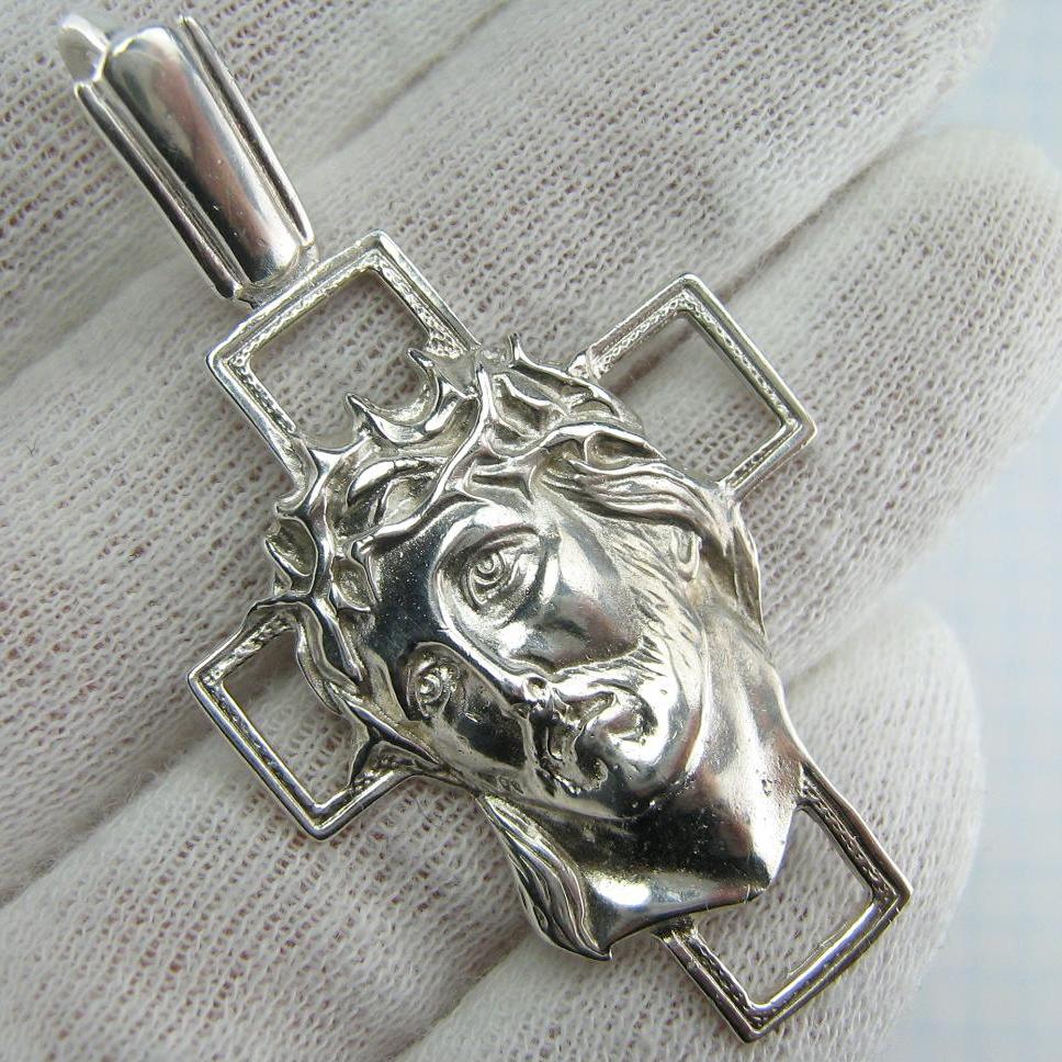 New solid 925 Sterling Silver statement Christian openwork cross pendant depicting Jesus Christ image, also called the Vernicle Face or the Head of Savior not made by human hands, in the crown of thorns. Items code CR001042. Picture 1