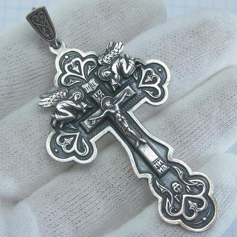 Solid 925 Sterling Silver large cross pendant and Jesus Christ crucifix with Christian prayer scripture and angels with wings. Picture 1