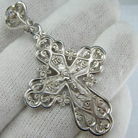 Solid 925 Sterling Silver detailed cross pendant and Jesus Christ crucifix with Christian blessing prayer filigree openwork pattern. Picture 1.