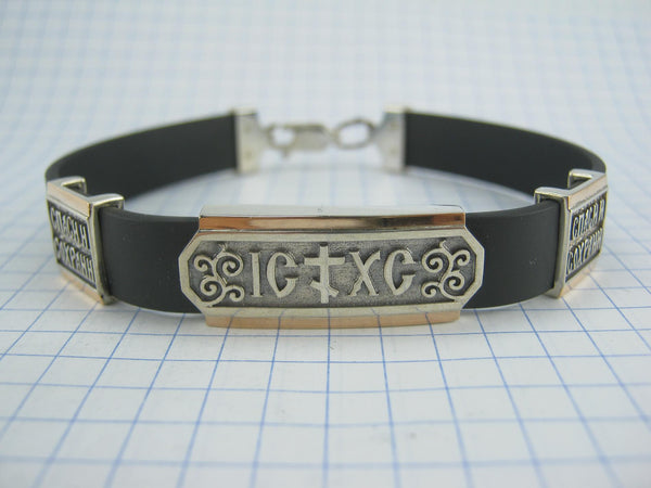 925 Sterling Silver and 375 Gold black caoutchouc bracelet with 3 Christian charms. Item number BT000037. Picture 3