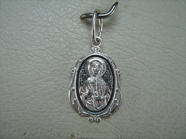 Solid 925 Sterling Silver small oval oxidized icon pendant and medal with prayer inscription to Saint Martyr Nika and decorated with filigree oval frame. Picture 4