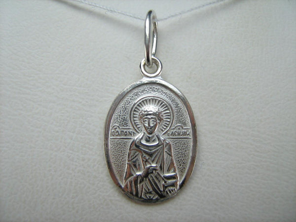 New solid 925 Sterling Silver small little icon pendant and religious medal with Christian prayer text to Saint Panteleimon the Healer and patron of Doctors. Picture 4