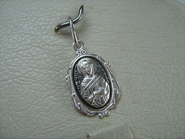 Solid 925 Sterling Silver small oval oxidized icon pendant and medal with prayer inscription to Saint Joanna Myrrhbearer decorated with filigree oval frame. Item number MD000698. Picture 4