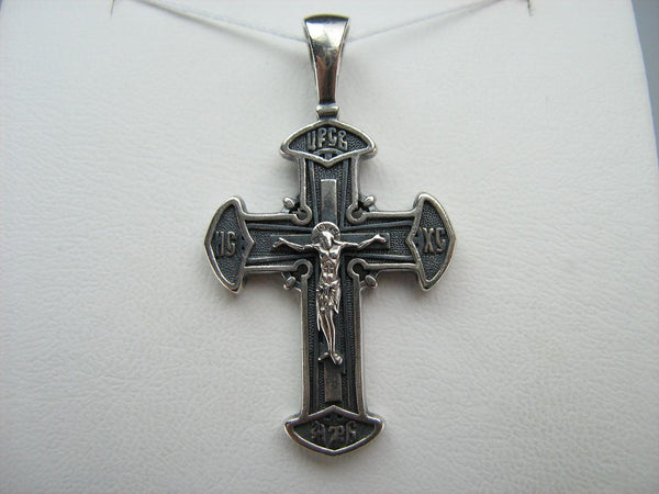 925 Sterling Silver Christian cross pendant and crucifix with prayer inscription decorated with filigree and on the oxidized background. Item number CR000648. Picture 11