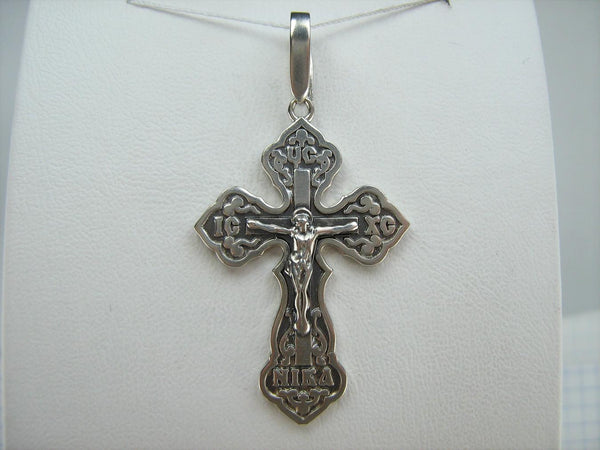 925 Sterling Silver Christian cross pendant and crucifix with Russian prayer inscription decorated with filigree and wood pattern on the oxidized background. Item number CR002049. Picture 4