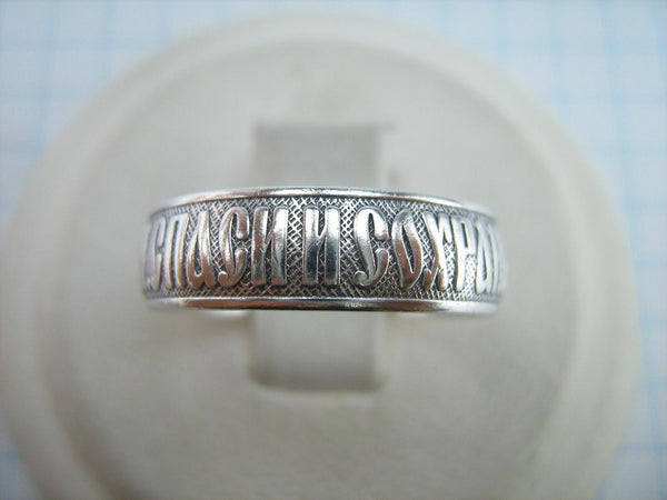 925 Sterling Silver band with Christian prayer text on the oxidized background decorated with old believers cross. Item number RI001758. Picture 2
