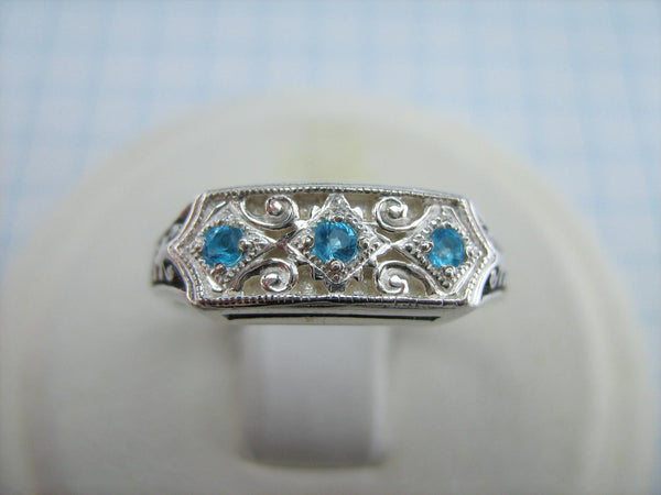 New and never worn solid 925 Sterling Silver oxidized ring with Christian prayer inscription and blue stones. Item number MD001432. Picture 2