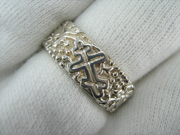 925 solid Sterling Silver ring depicting old believers cross with lifelike plant motif decorated with grapes and vine leaves.