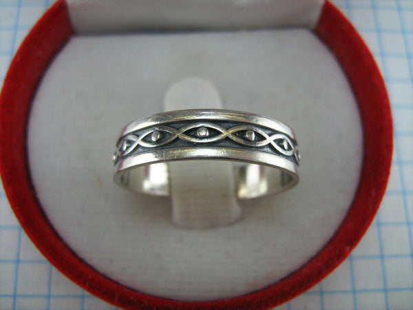 Pre-owned 925 solid Sterling Silver eternity and infinity ring with evil eye pattern on the oxidized band decorated with ribbons and dots