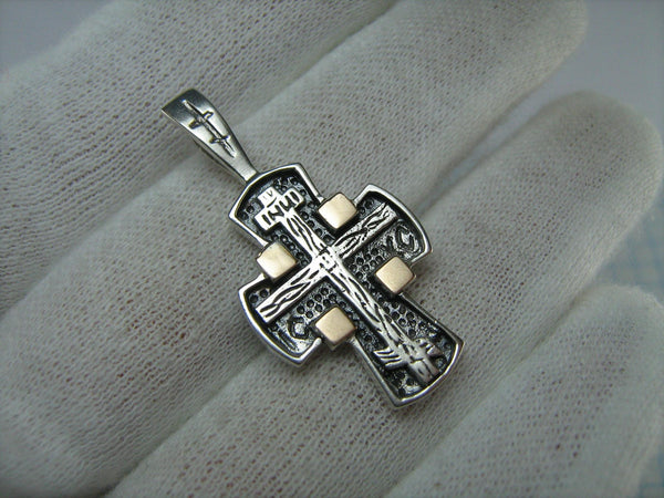 Vintage solid 925 Sterling Silver combined 375 Gold oxidized old believers cross pendant with Christian prayer inscription to Jesus Christ decorated with wood pattern