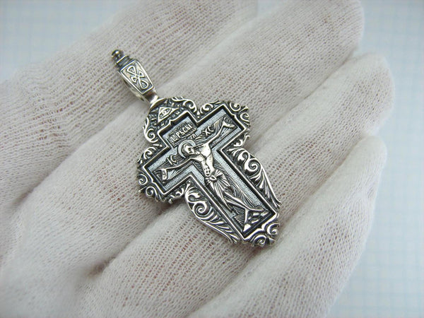 925 Sterling cross necklace depicting Jesus Christ crucifix and Mother of God Mary decorated with Christian prayer inscription.