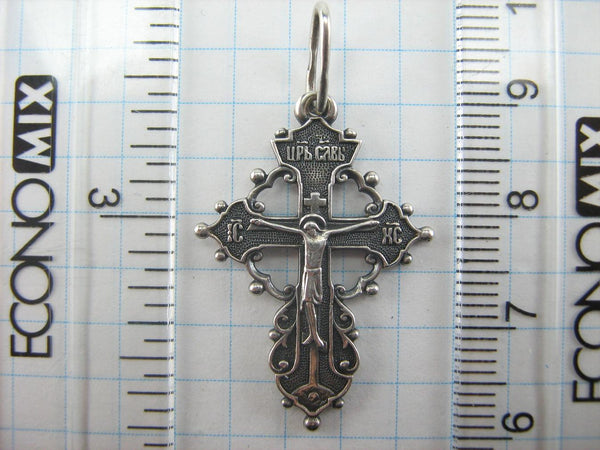 925 Sterling Silver cross pendant and crucifix with Christian prayer scripture and openwork filigree oxidized pattern.