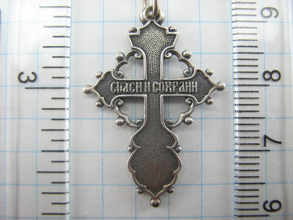 925 Sterling Silver cross pendant and crucifix with Christian prayer scripture and openwork filigree oxidized pattern.