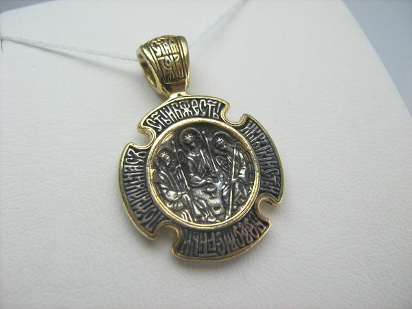 925 Sterling Silver icon pendant and cross medal with Christian prayer inscription depicting icons of Holy Trinity and Theotocos of the Sign.