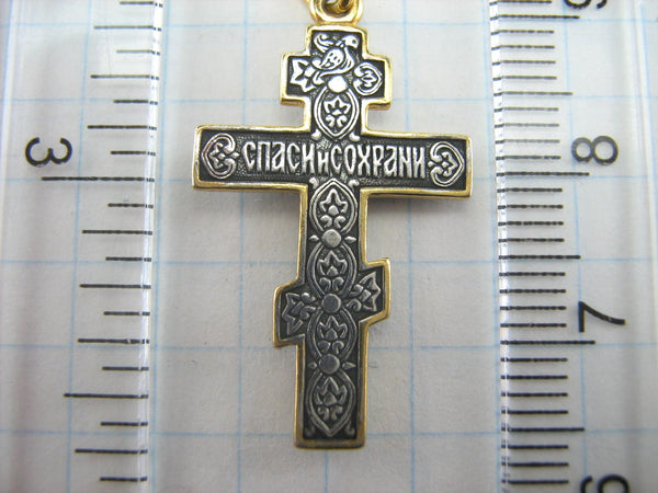 925 Sterling Silver and Gold Plated cross pendant and crucifix decorated with Christian images, symbols and prayer inscription. 