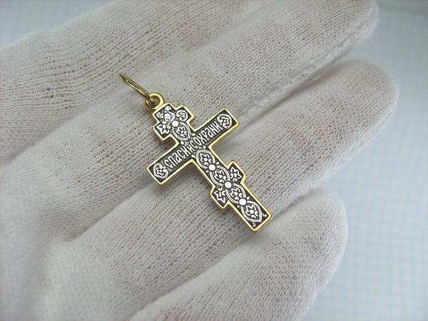 925 Sterling Silver and Gold Plated cross pendant and crucifix decorated with Christian images, symbols and prayer inscription. 