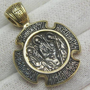 925 Sterling Silver icon pendant and cross medal with Christian prayer inscription depicting icons of Holy Trinity and Theotocos of the Sign.