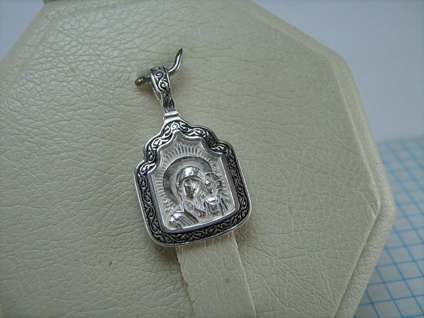 New and never worn solid 925 Sterling Silver pendant and medal in filigree frame with black enamel inlay depicting Kazan icon of Mother of God and Jesus Christ, decorated with prayer inscription