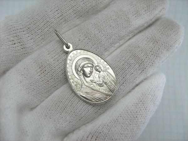925 Sterling Silver pendant and medal in frame shaped Easter egg with old believers cross depicting Kazan icon of Mother of God and Jesus Christ.