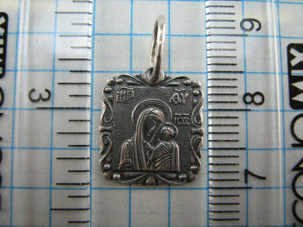 Brand new pure real 925 Sterling Silver little square oxidized pendant and medal in the filigree frame with Christian prayer inscription depicting Kazan icon of Theotokos and Jesus Christ child, aslo called Hodegetria