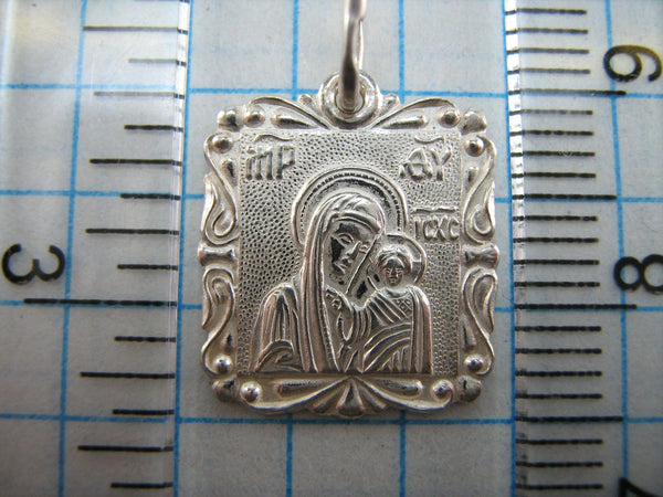 Brand new pure real 925 Sterling Silver little square pendant and medal in the filigree frame with Christian prayer inscription depicting Kazan icon of Theotokos and Jesus Christ child, also called Hodegetria