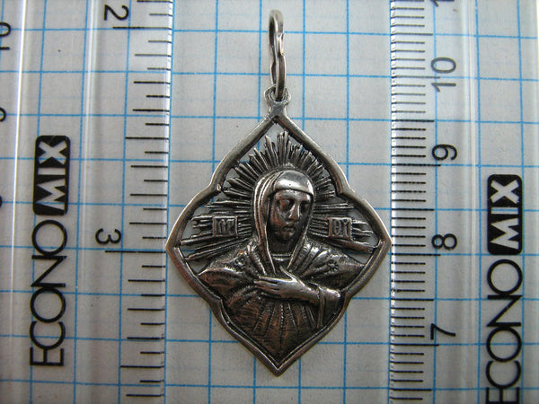 Vintage solid 925 Sterling Silver icon pendant and medal with prayer text to Mother of God Mary decorated with openwork and oxidized finish