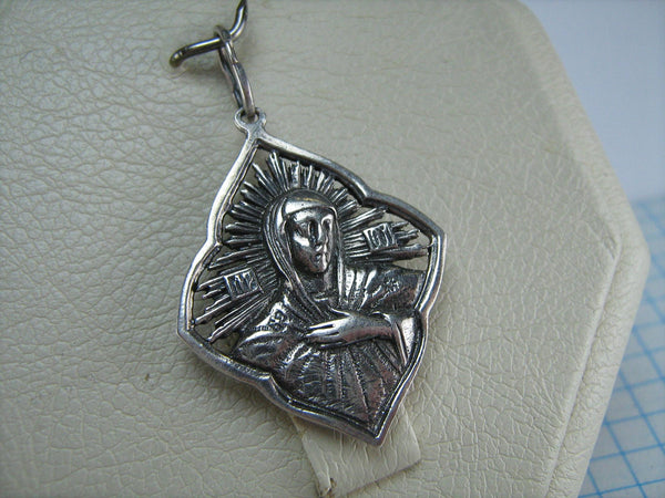 Vintage solid 925 Sterling Silver icon pendant and medal with prayer text to Mother of God Mary decorated with openwork and oxidized finish