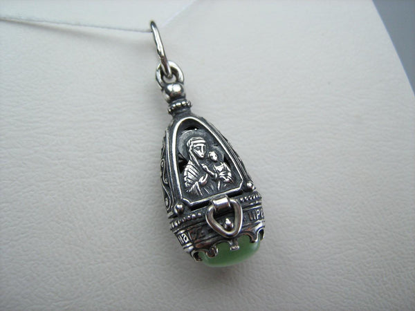 New solid 925 Sterling Silver locket pendant depicting the icon of  Mother Mary and Jesus Christ decorated with green cat’s eye stone.