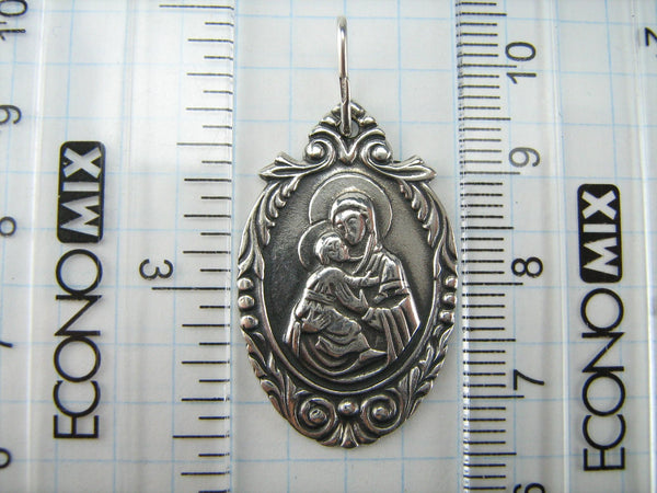 925 Sterling Silver icon pendant and oxidized medal in frame showing the icon of Mother Mary of Vladimir and Jesus Christ. 