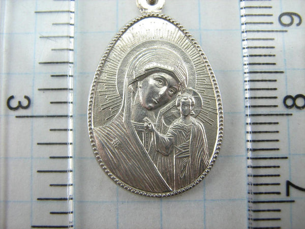 925 Sterling Silver pendant and medal in frame shaped Easter egg with old believers cross depicting Kazan icon of Mother of God and Jesus Christ.