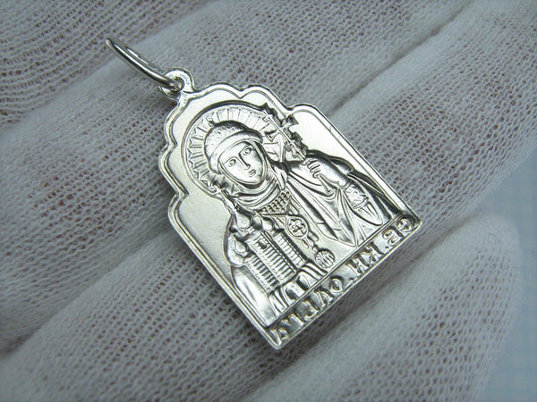925 Sterling Silver detailed medal pendant depicting the icon of Saint Olga holding a cross and a church.