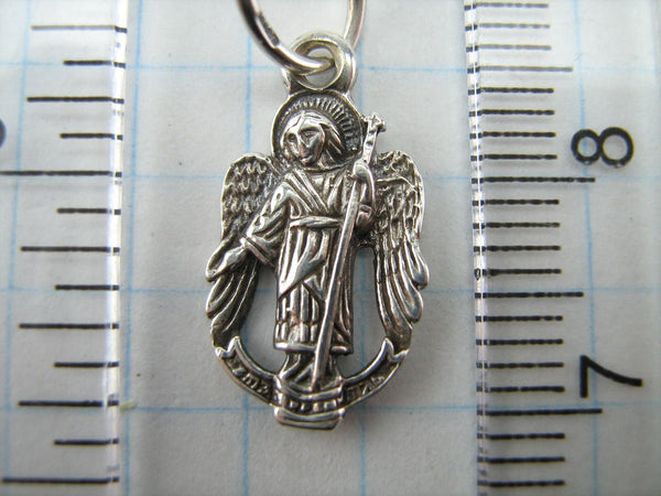 Vintage solid 925 Sterling Silver small oxidized icon pendant and medal with Christian prayer inscription to Saint Angel the Guardian.