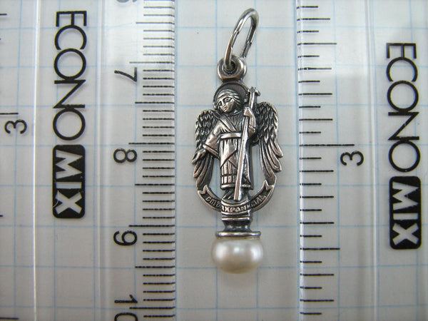 925 Sterling Silver oxidized icon pendant and medal with Christian prayer text to Saint Angel the Guardian holding a cross.