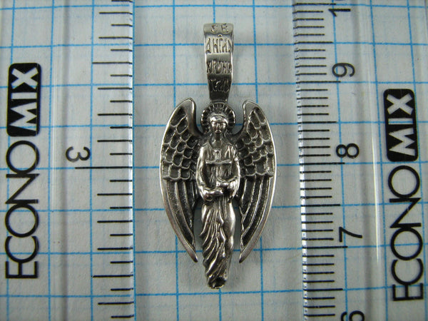 Vintage solid 925 Sterling Silver oxidized icon pendant and medal with Russian inscription, depicting Saint Angel the Guardian holding a cross